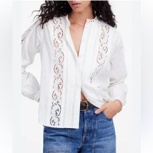 Madewell Womens  Lace-Inset Pintucked Button-Up Top, White size medium